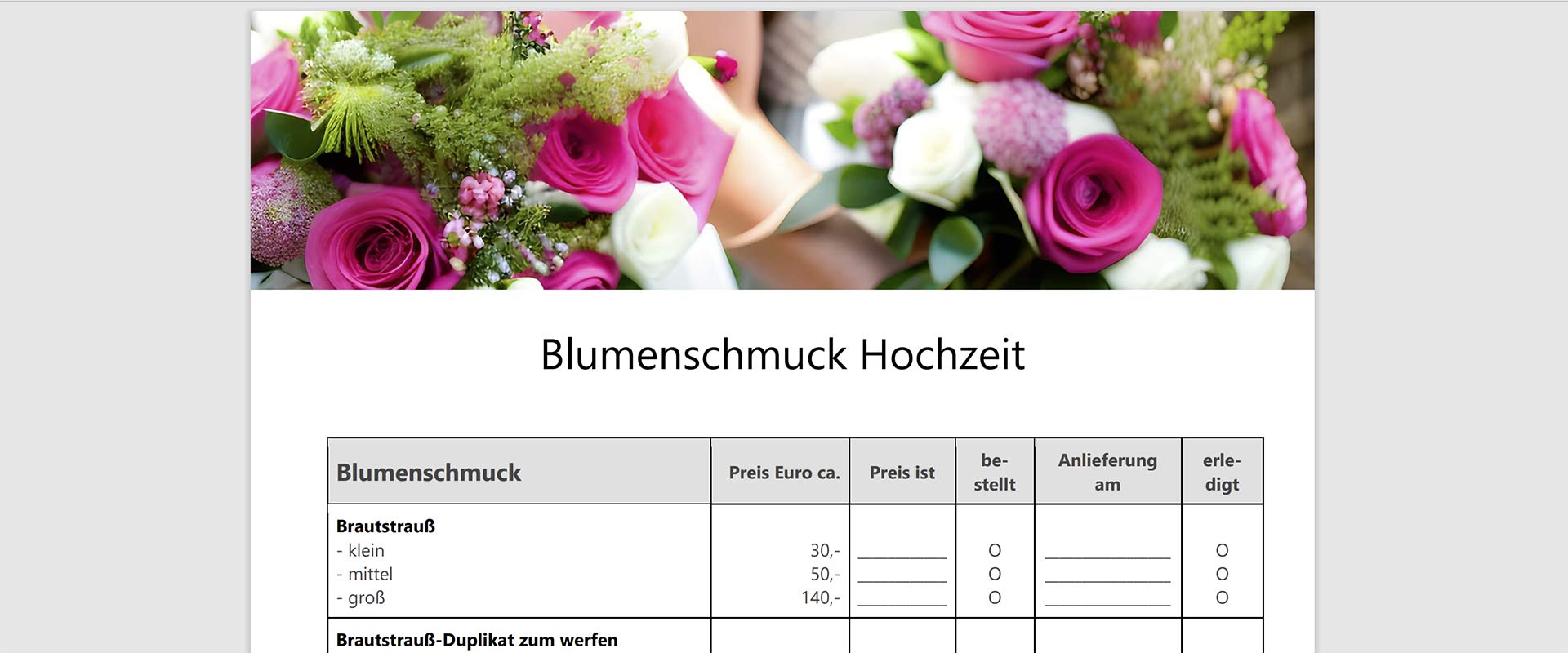 Blumenschmuck Hochzeit Checkliste Download