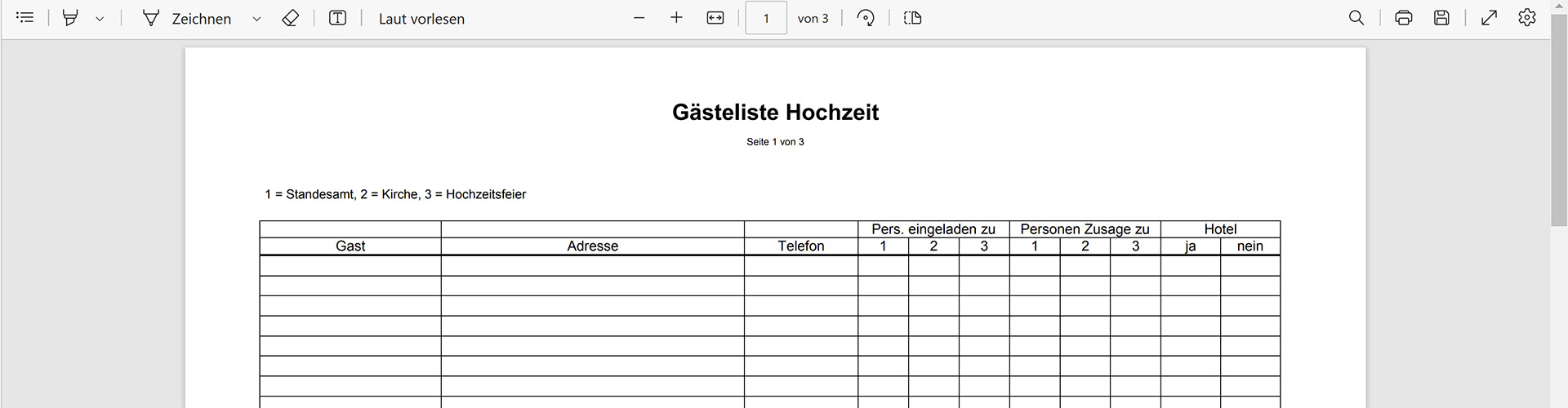 Gästeliste Hochzeit Vorlage PDF